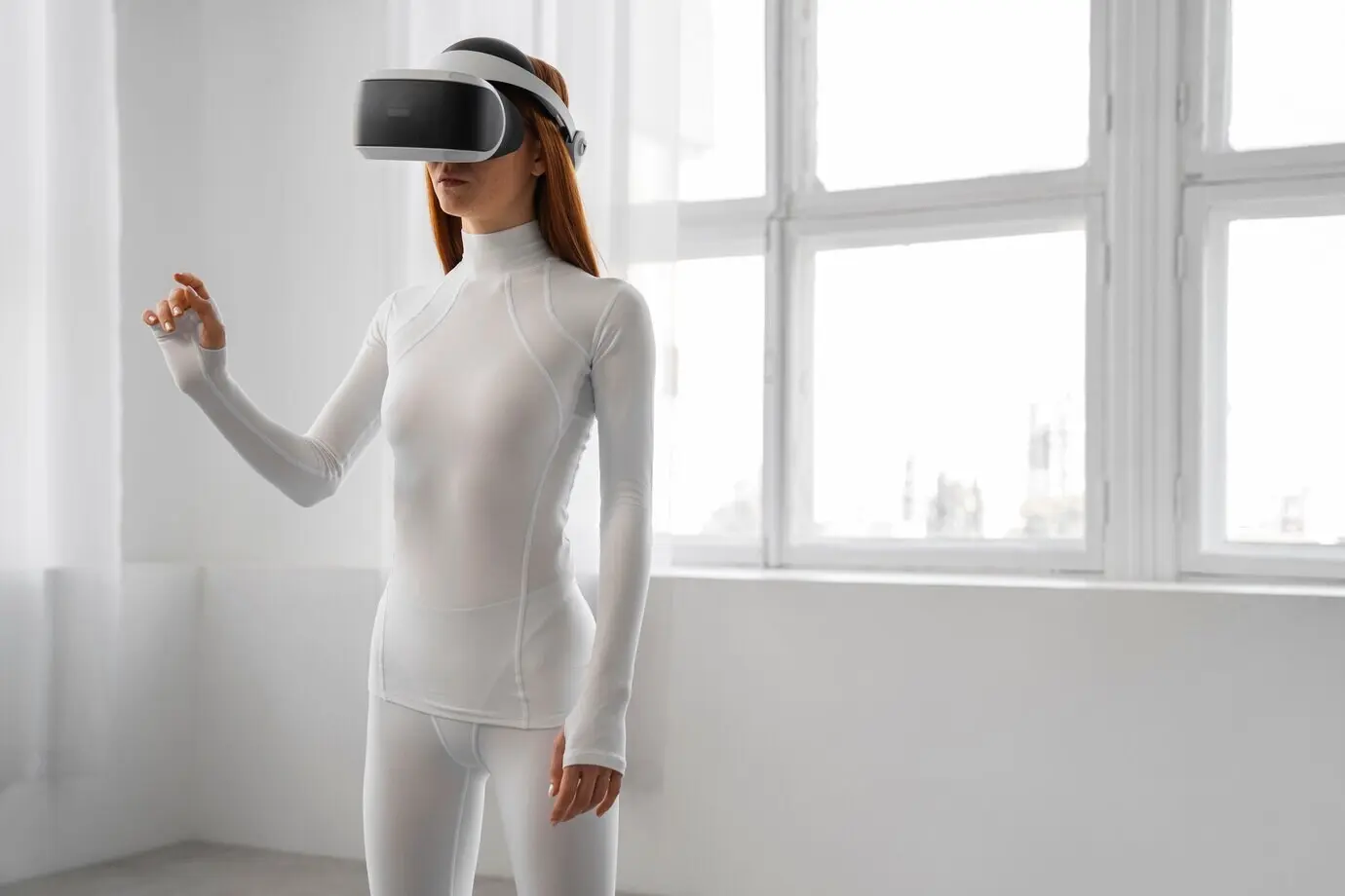 Side view of a woman exercising with VR glasses.